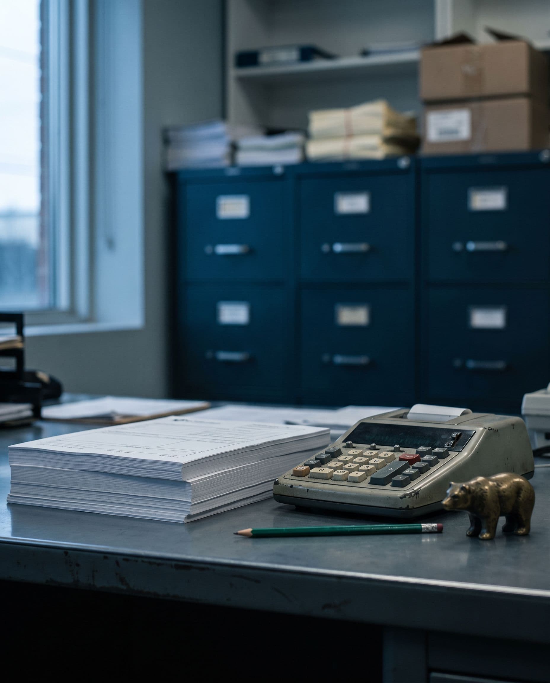 A stack of entry forms and a calculator on a steel desk