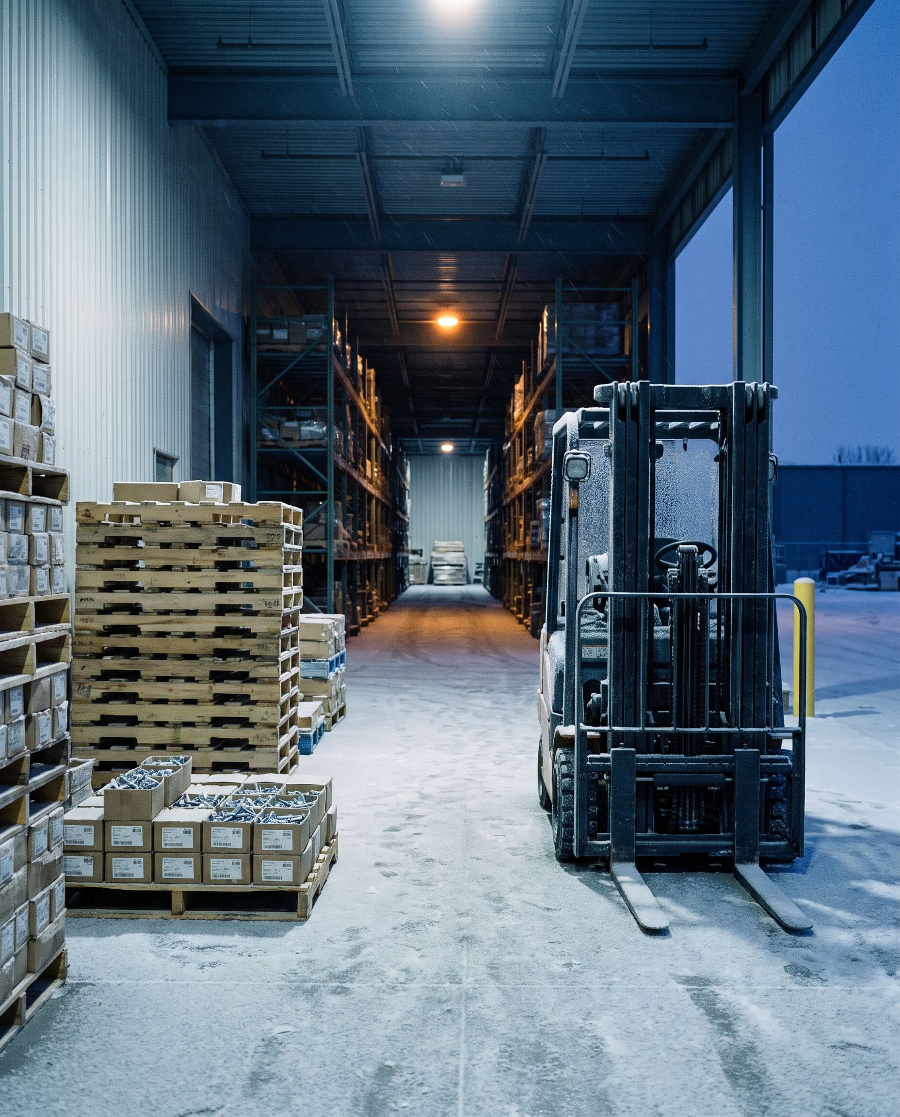 A warehouse dock with pallets of fasteners and a forklift